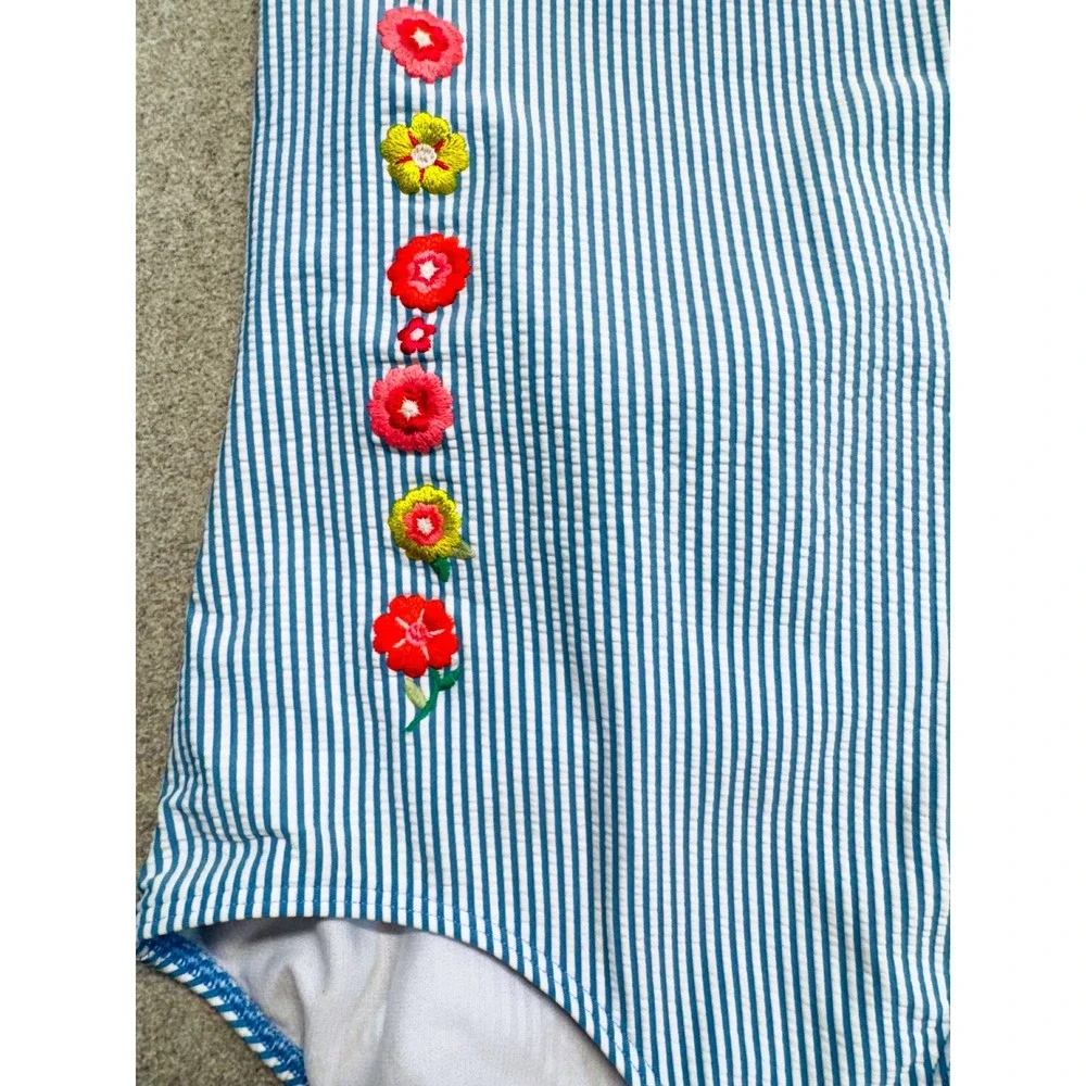 Boden Girl 11-12Y Blue White Stripe One Piece Swimsuit Embroidered Floral Halter
